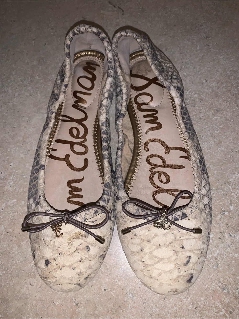 Sam Edelman Beige Snakeskin-Print Ballet Flats with Bow